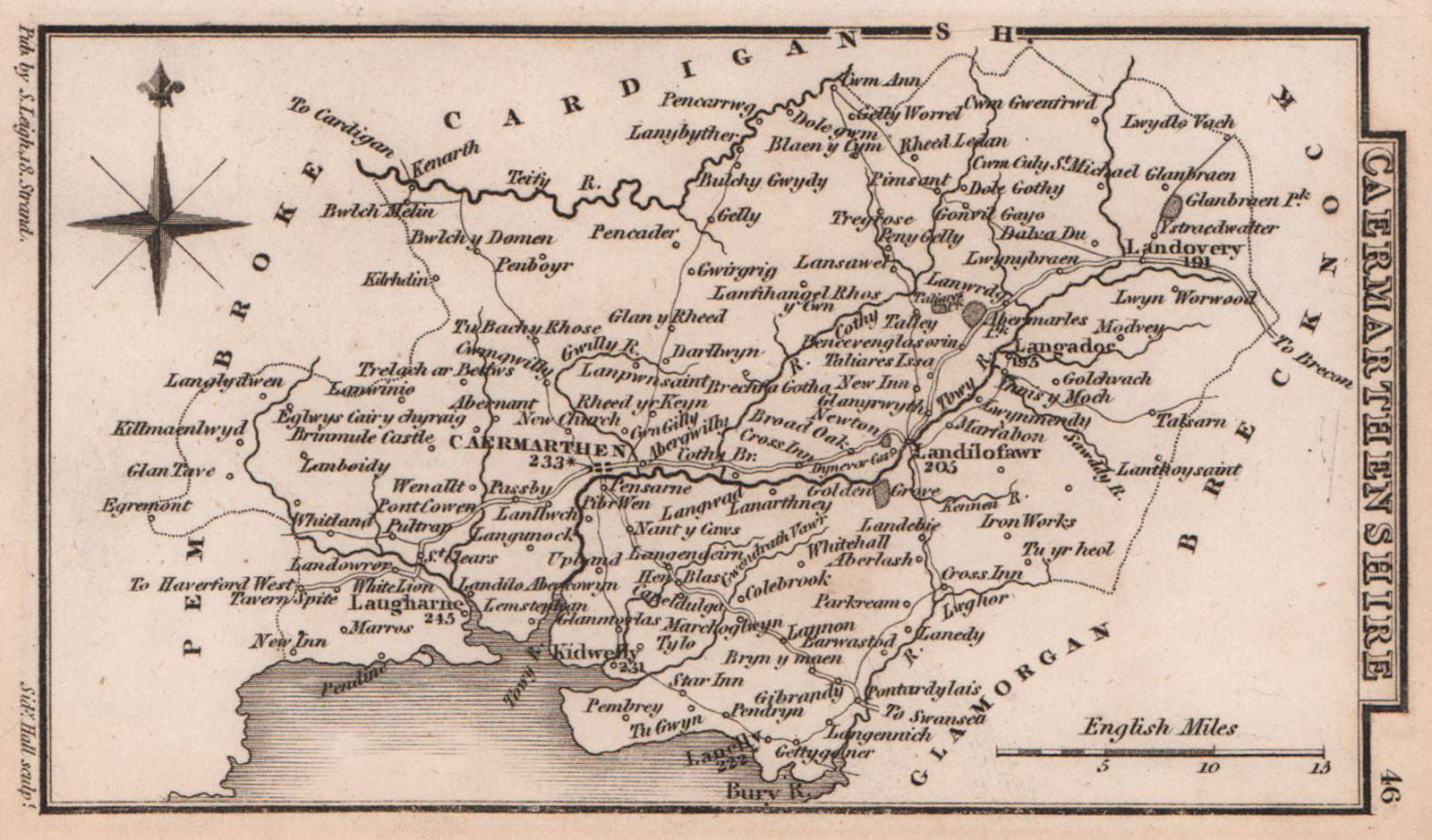 Caermarthenshire Carmarthenshire county map by Samuel Leigh / Sidney Hall c1820